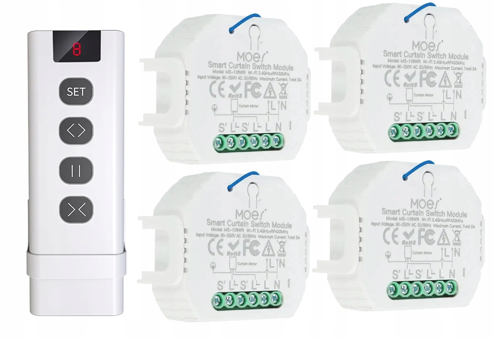 4X Sterownik rolet żaluzji dopuszkowy szyna Din 2A Tuya WiFi RF433 pilot