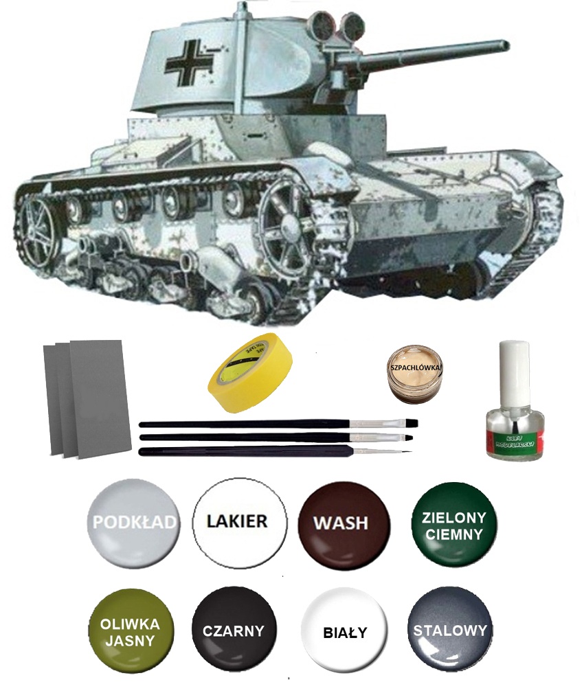 Model radziecki lekki czołg T-26(r)+ zestaw farb, lakier, klej, 3 pędzle