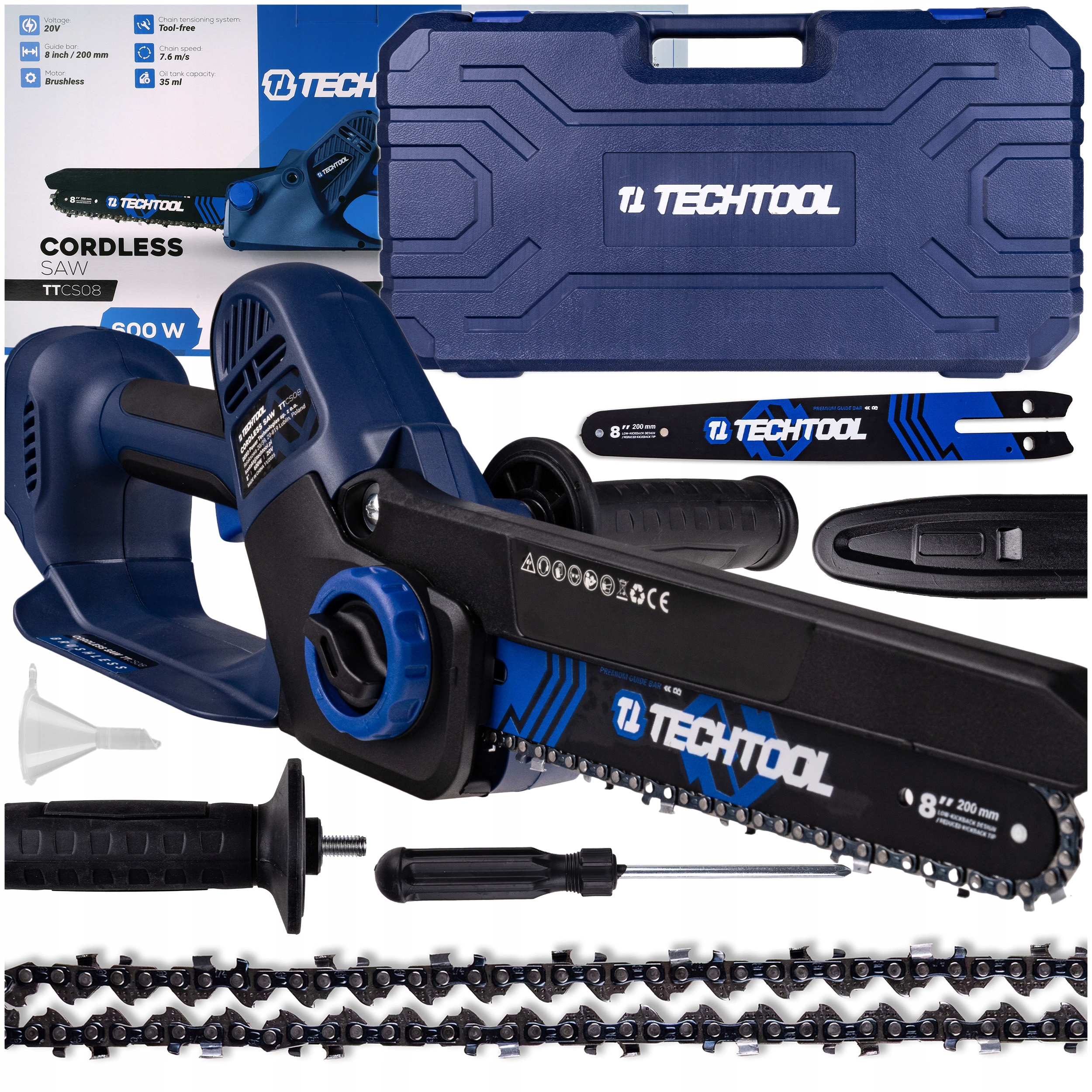 Aku Řetězová Pila Pila 8" Větev Kufr Techtool