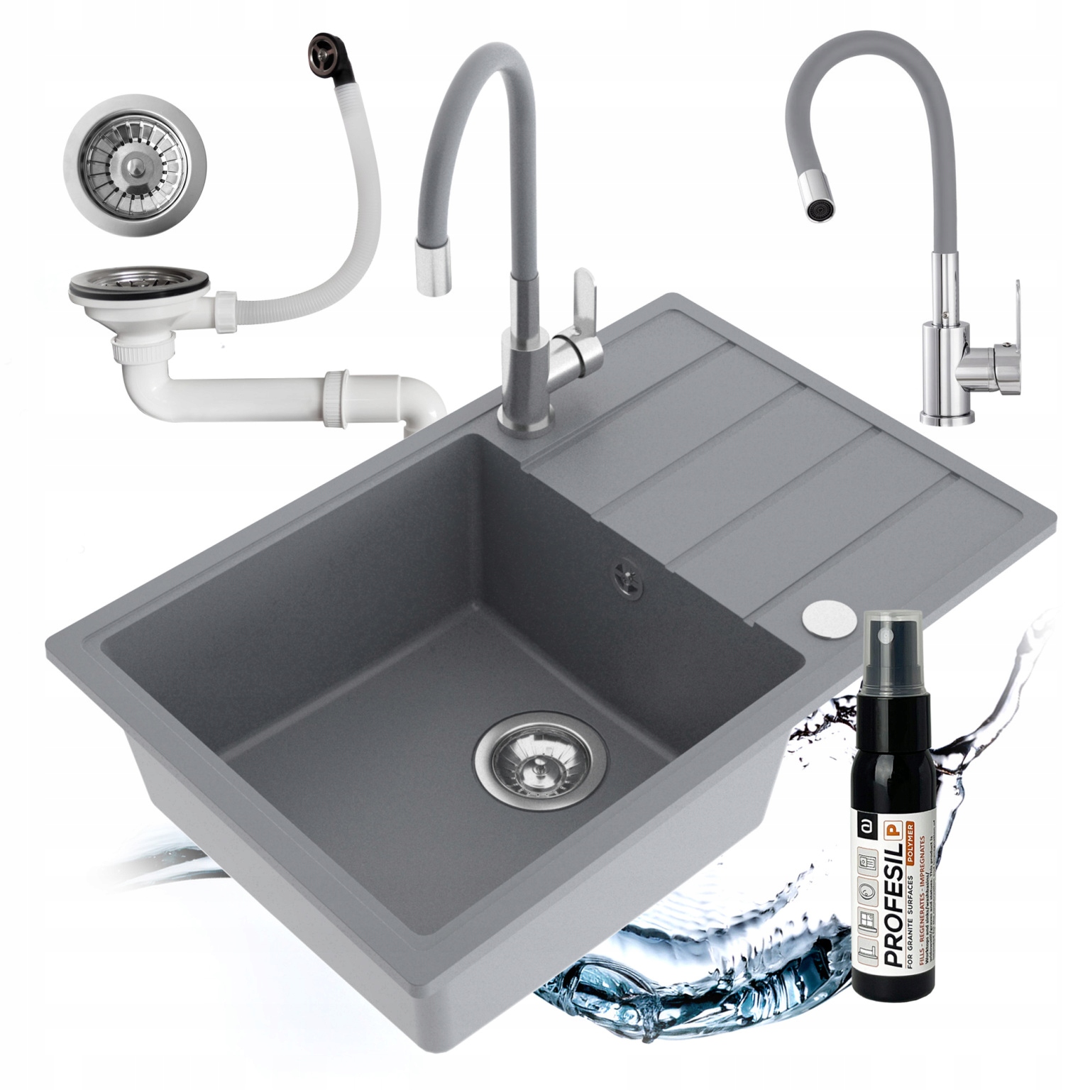 Granitový Drez Jednokomorový Metro Sada Batérií Flexibilný Sifón