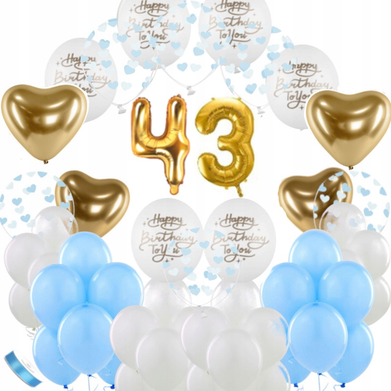 BALONY na 43 Urodziny Zestaw Dekoracji na 43 Lat Biel Złoto Błękit 10-99