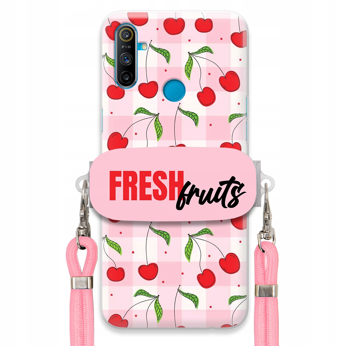 Puzdro na Realme C3 Case držiak na šnúrku Ružový Fresh Fruits Mriežka Ovocie