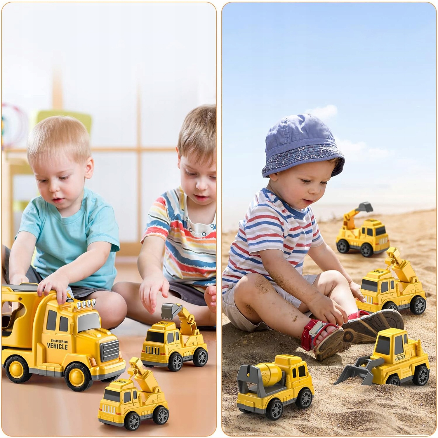 CIĘŻARÓWKA LAWETA POMOC DROGOWA AUTA ZESTAW 6 AUT KOPARKA BETONIARKA 7W1 Długość torowiska 34 cm