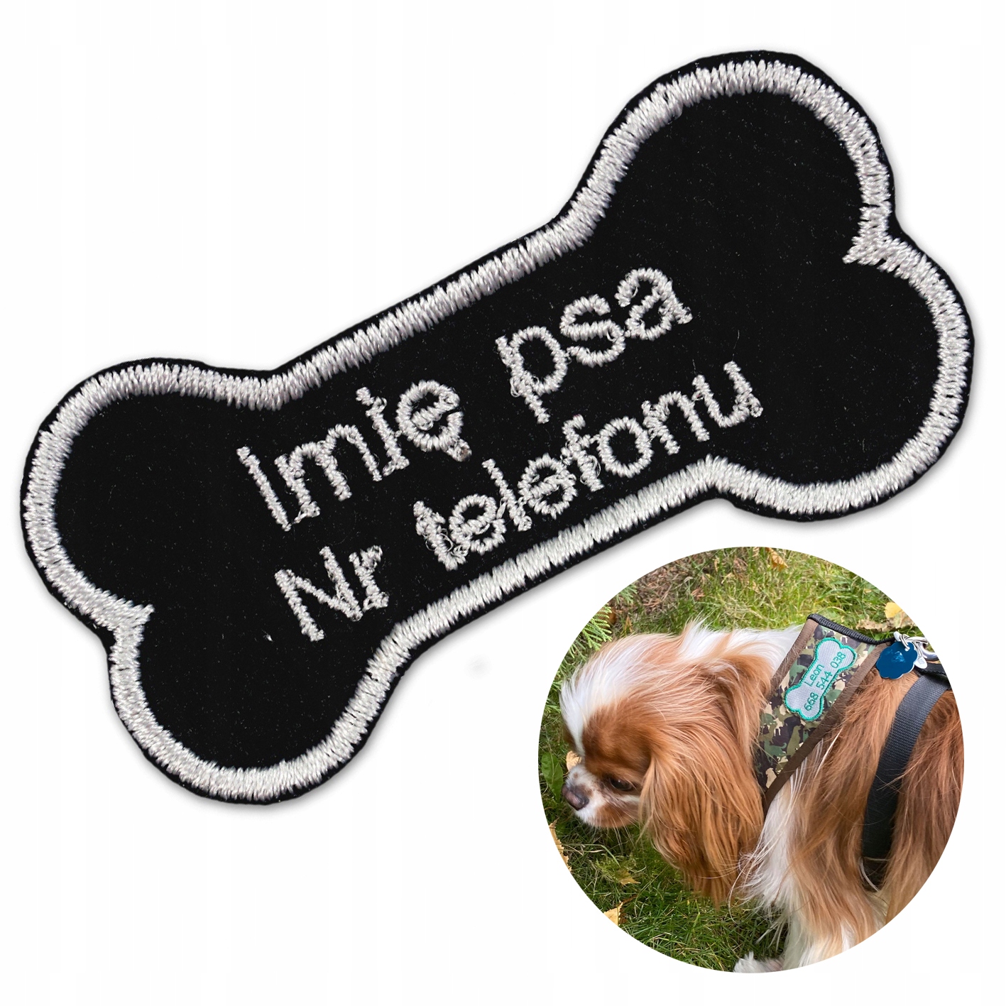 

Naszywka imiennik z numerem tel. dla psa do szelek
