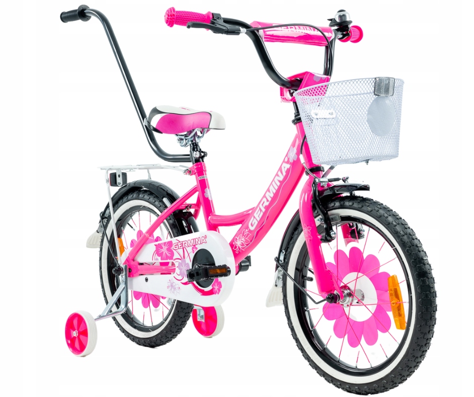Rowerek dziecięcy Germina 16 dziewczęcy kółka boczne prowadnik koszyk