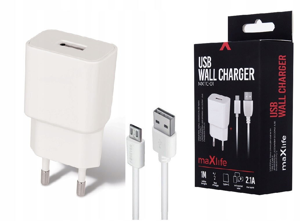 Maxlife ładowarka sieciowa Mxtc- 01 1x Usb 2,1A biała kabel Usb- C