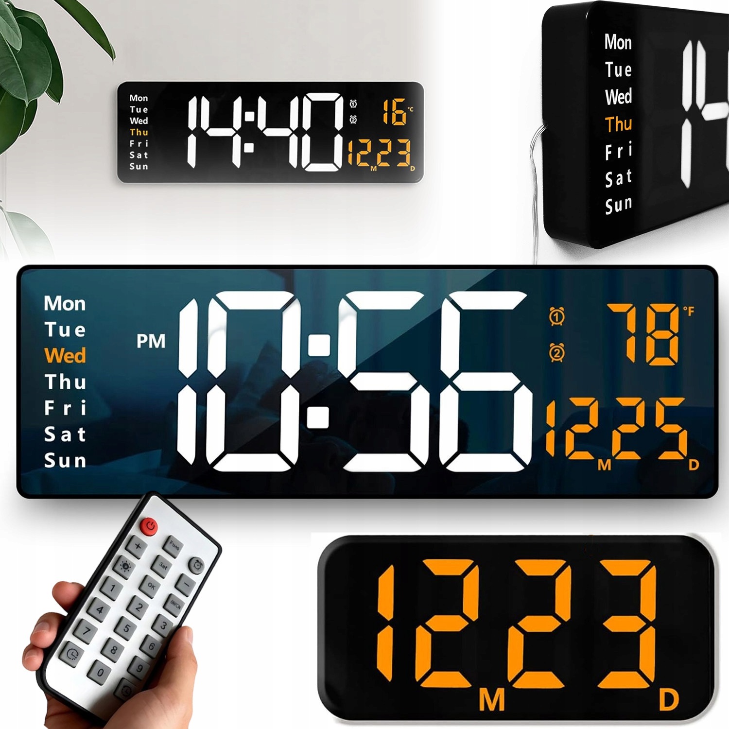 Budík Hodiny Digitální Led Teploměr C/f Datum 12/24H Nástěnný Dálkový Ovladač Usb