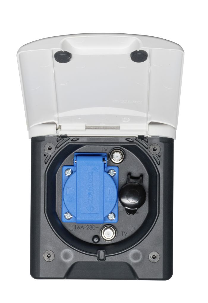 Gniazdo zewnętrzne 12V/230V 2xTvSat z klapką magne Marka Fawo