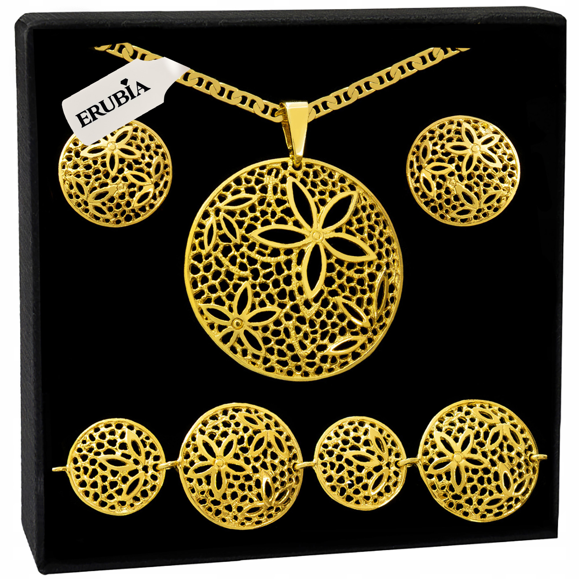 Zlatý Komplet Šperků Náhrdelník Ažurový Přívěsek Květiny Náušnice 45 CM