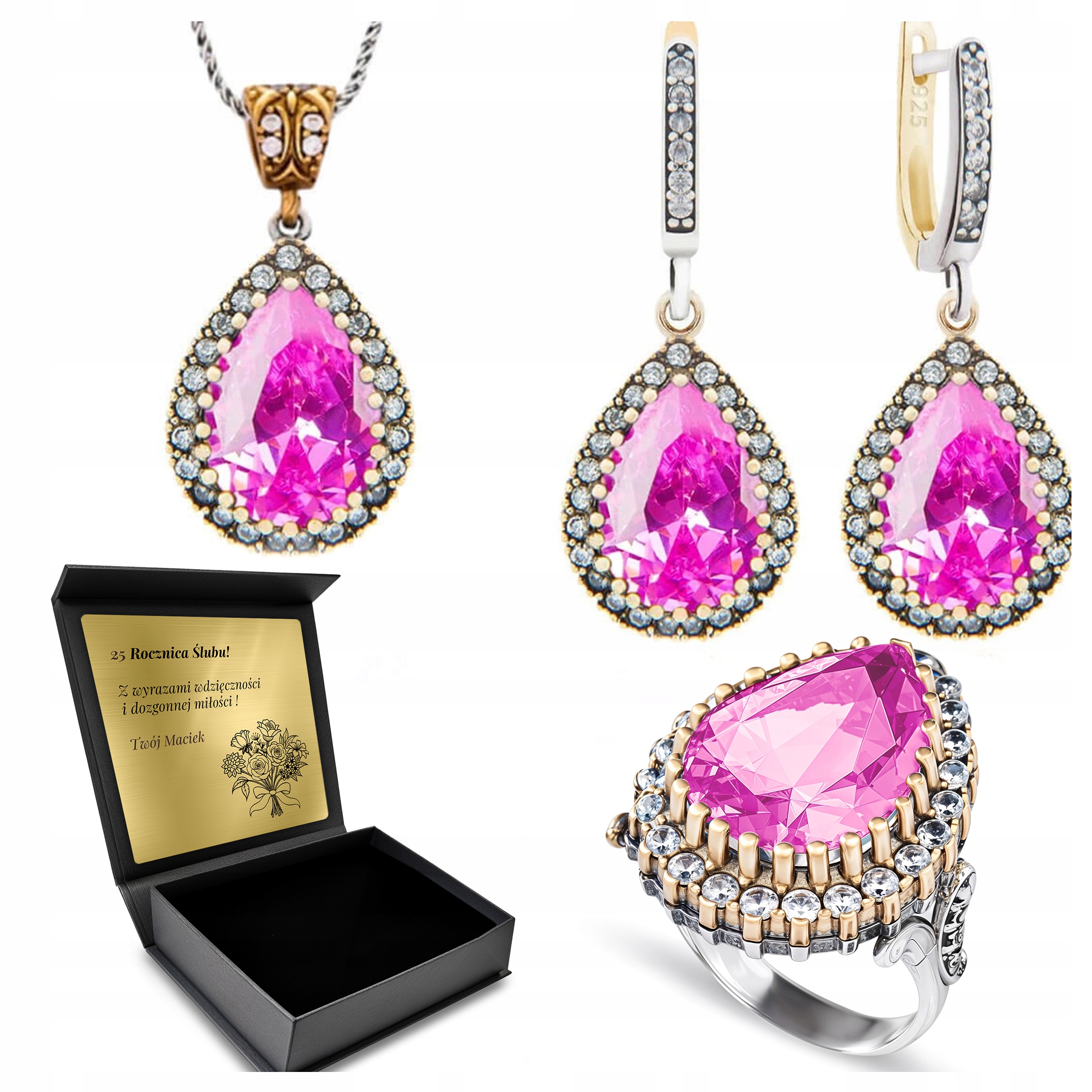 Sada Stříbrných Šperků 925 S Zirkony A Růžovým Topazem Gravírování
