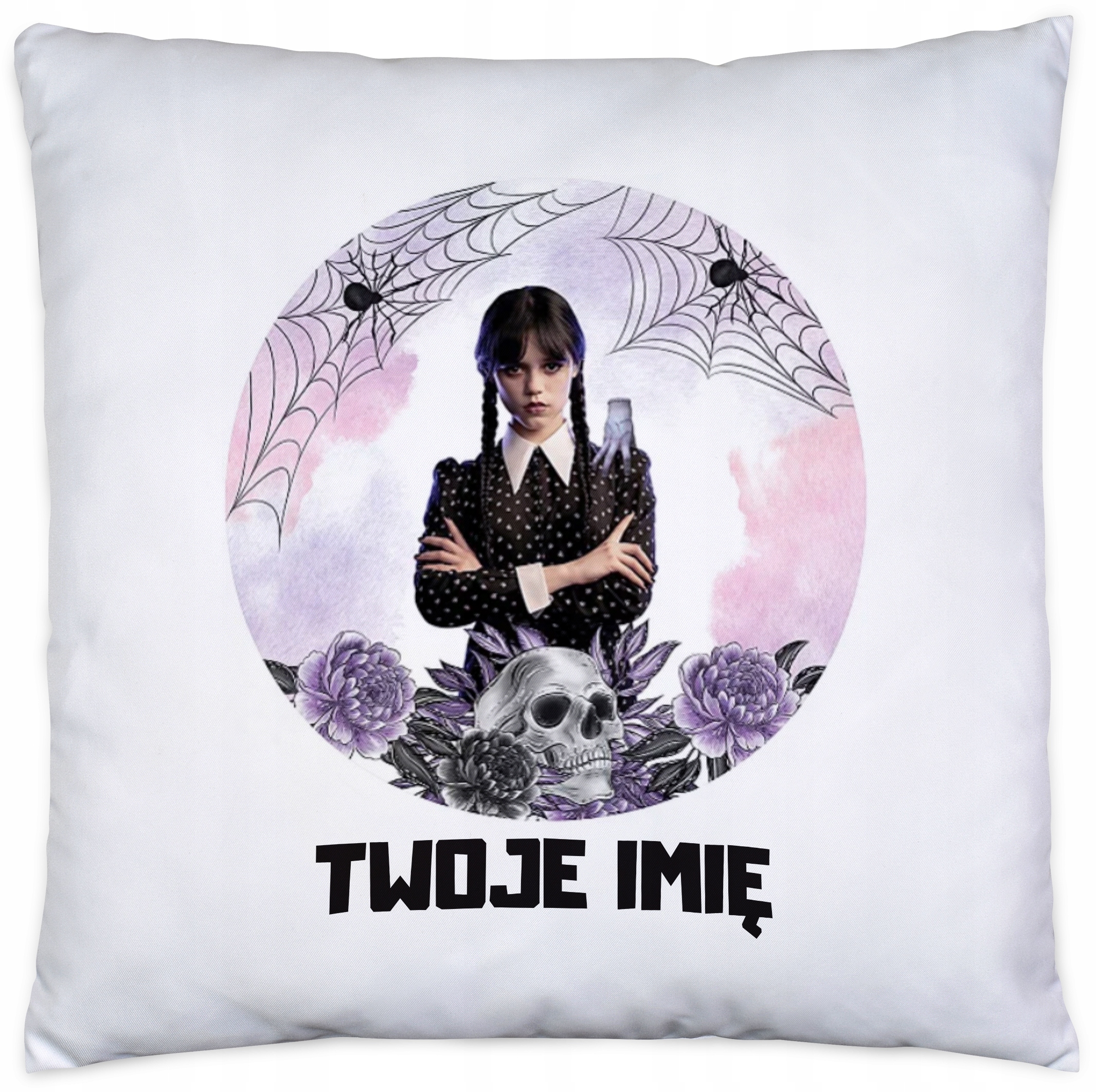 

Wednesday Addams Imię Pająk Czaszka Napis Poduszka