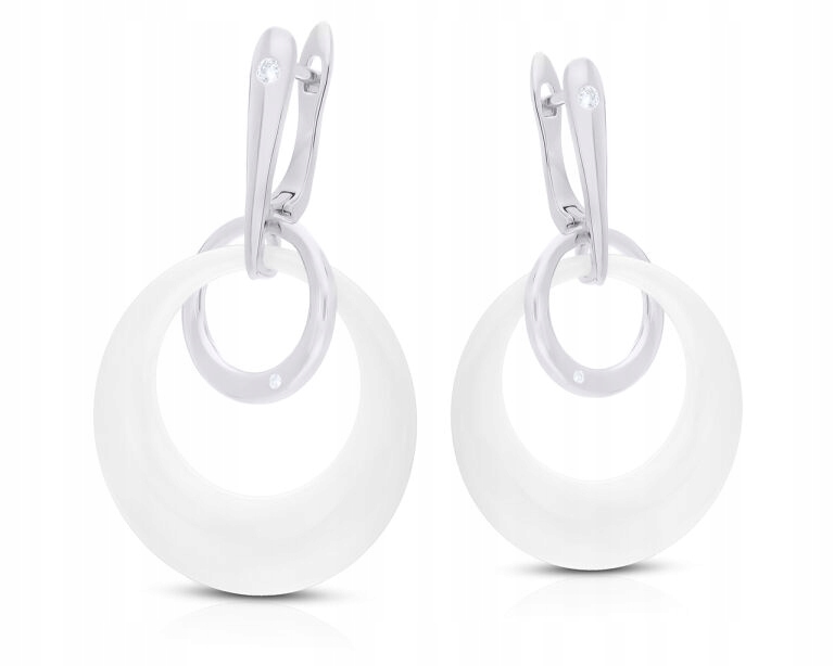 Stříbrné náušnice anglické závěsné bílá keramika zirkony pr.925