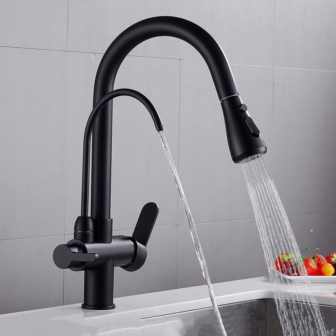 Bateria Full Kuchenna Kran Wyciągana Wylewka Wysoka Bateria Kuchenna Czarn