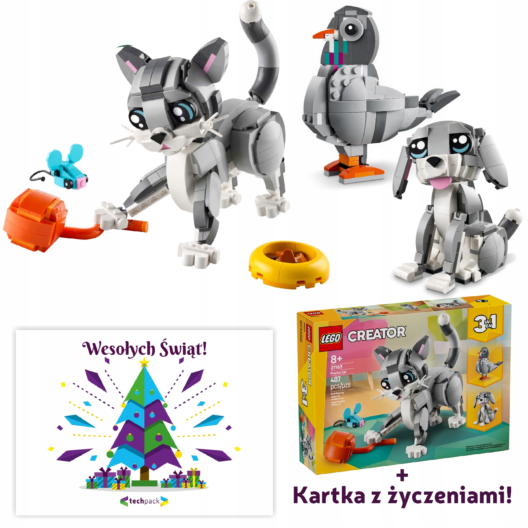 Lego Creator 3v1 Psotná kočka pohyblivý pes holub 31163 Kartička S Přáním
