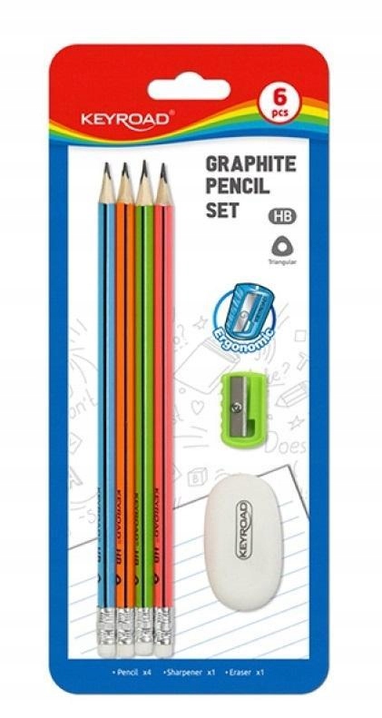 OŁÓWKI HB Z GUMKĄ I TEMPERÓWKĄ 6EL, KEYROAD