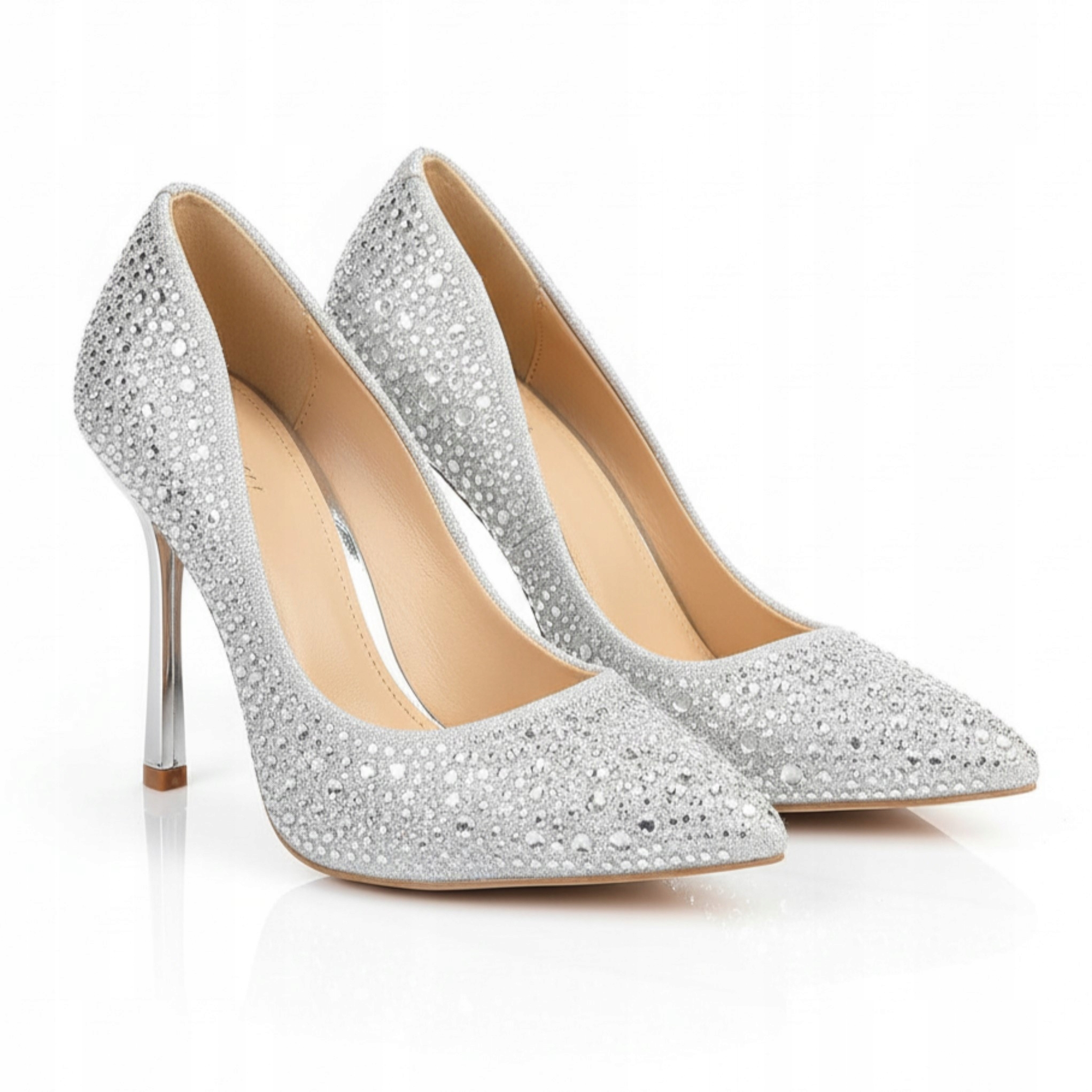 Srebrne Buty Czółenka Metaliczne Szpilki Brokat Cyrkonie 39