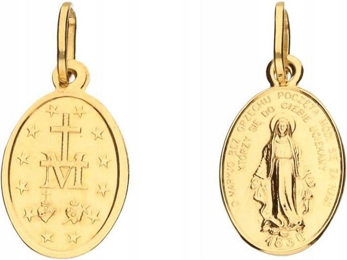 Zlatý medailonek 585 oválný oboustranný Maria 0,89 g křest svaté přijímání 14k