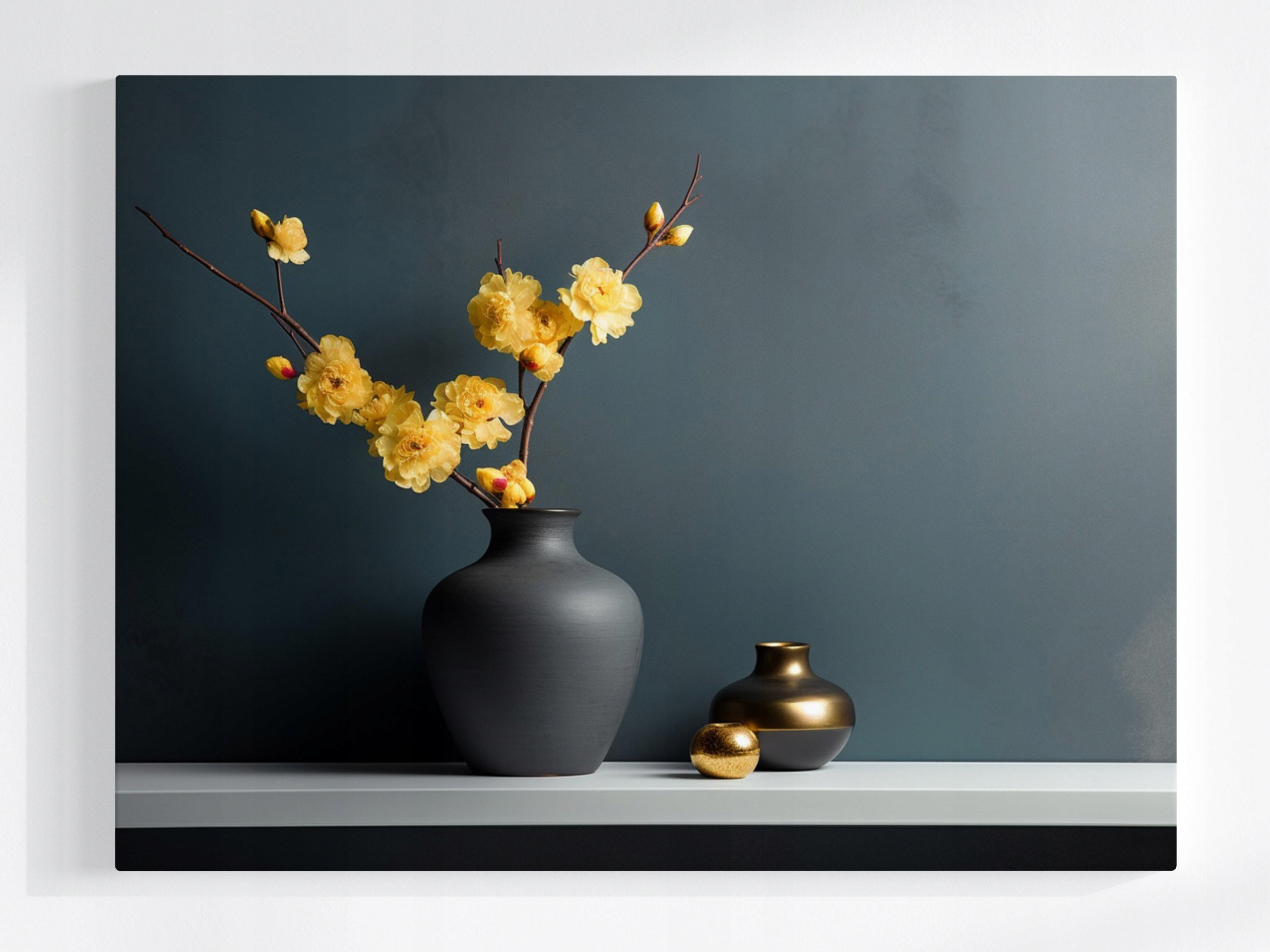 Obraz Na Plátně Canvas Dekorace Žluté Květiny Váza Zlato Černá 80x60