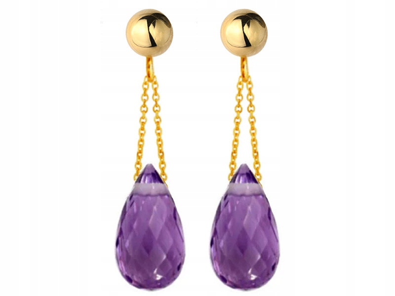 Zlaté náušnice 585 fialové kapky visící s přírodními kameny ametyst 14kt