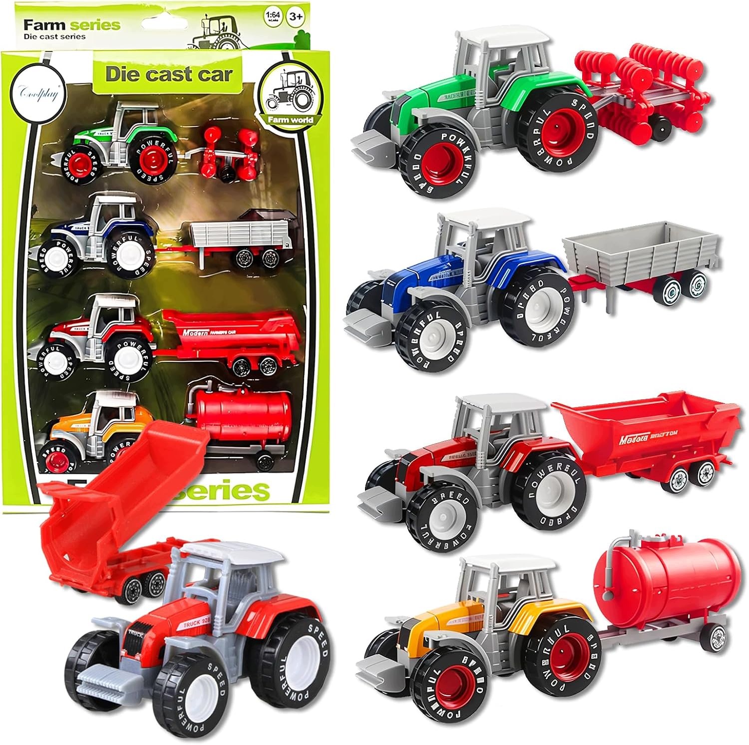 Metalowy zestaw 4 traktorów ze zdejmowaną kabiną i przyczepą 1:64