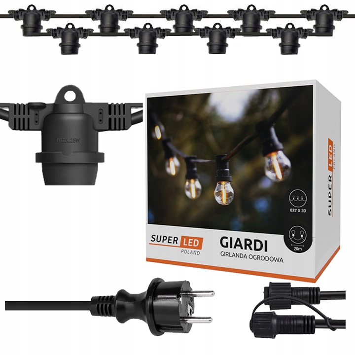 Venkovní zahradní girlanda 20x E27 Světelný řetěz 20 m SuperLED