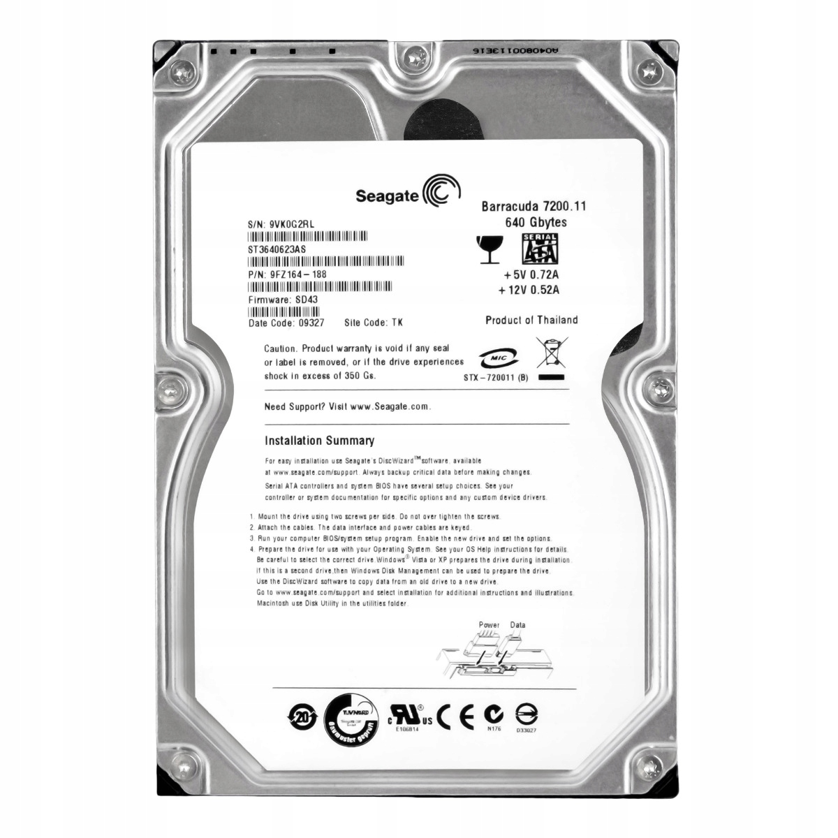 Seagate Barracuda 7200.11 640GB 7.2K 16MB Sata II 3.5'' ST3640623AS