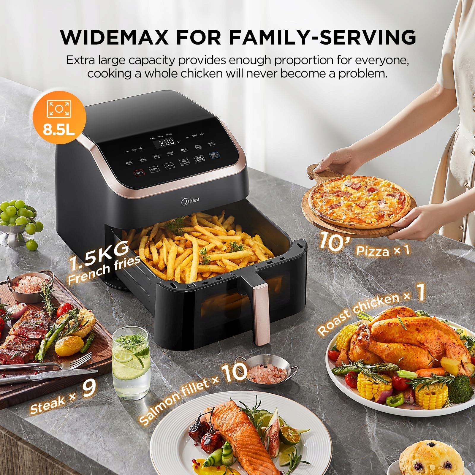 MIDEA Frytkownica Beztłuszczowa XXL 9L 8w1 Grill Pieczenie Dehydratacja — miniatura 4