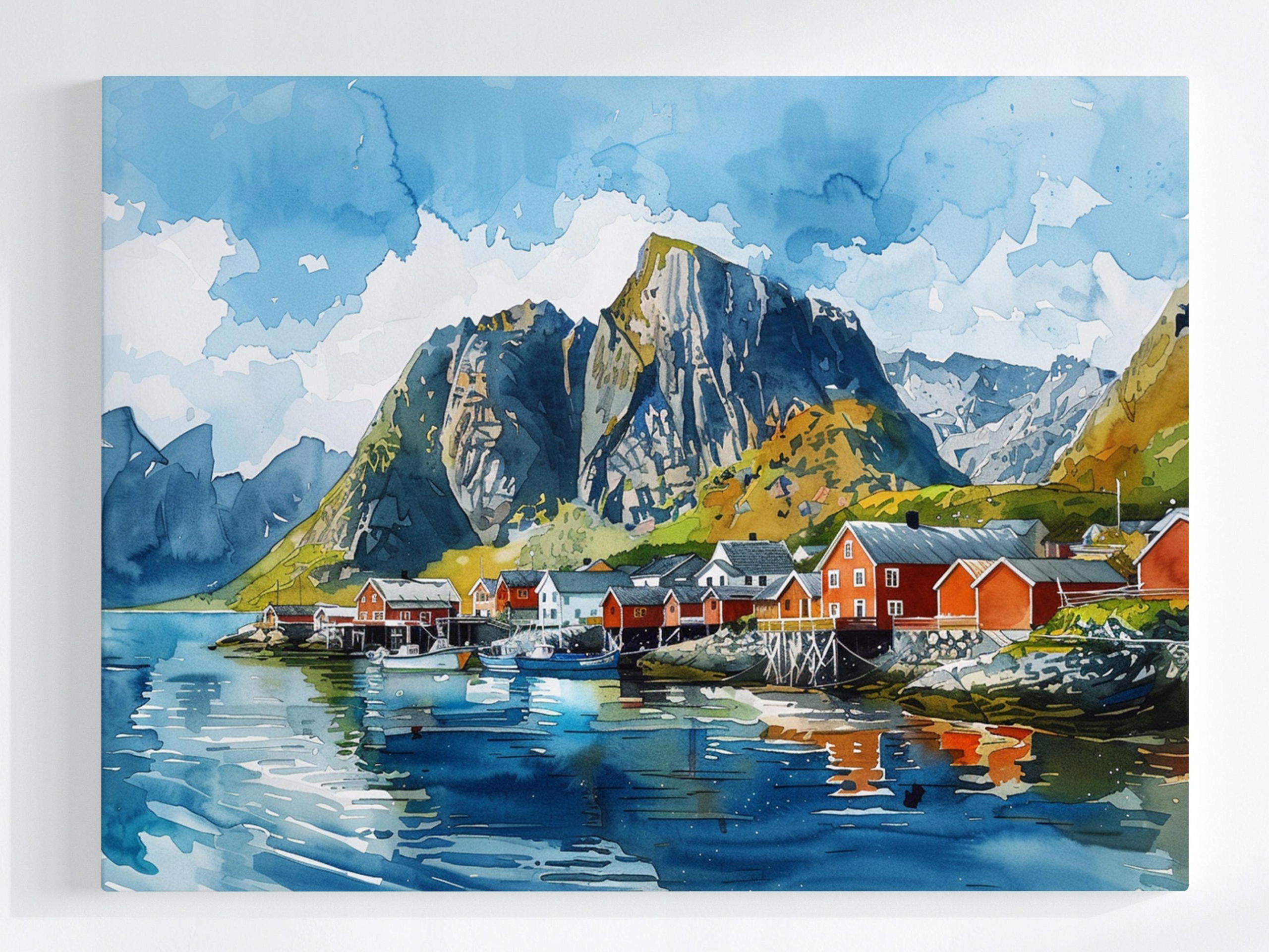 Obraz Na Plátně Canvas Norsko Fiordy Hory Lofoty Domky Akvarel 100x75