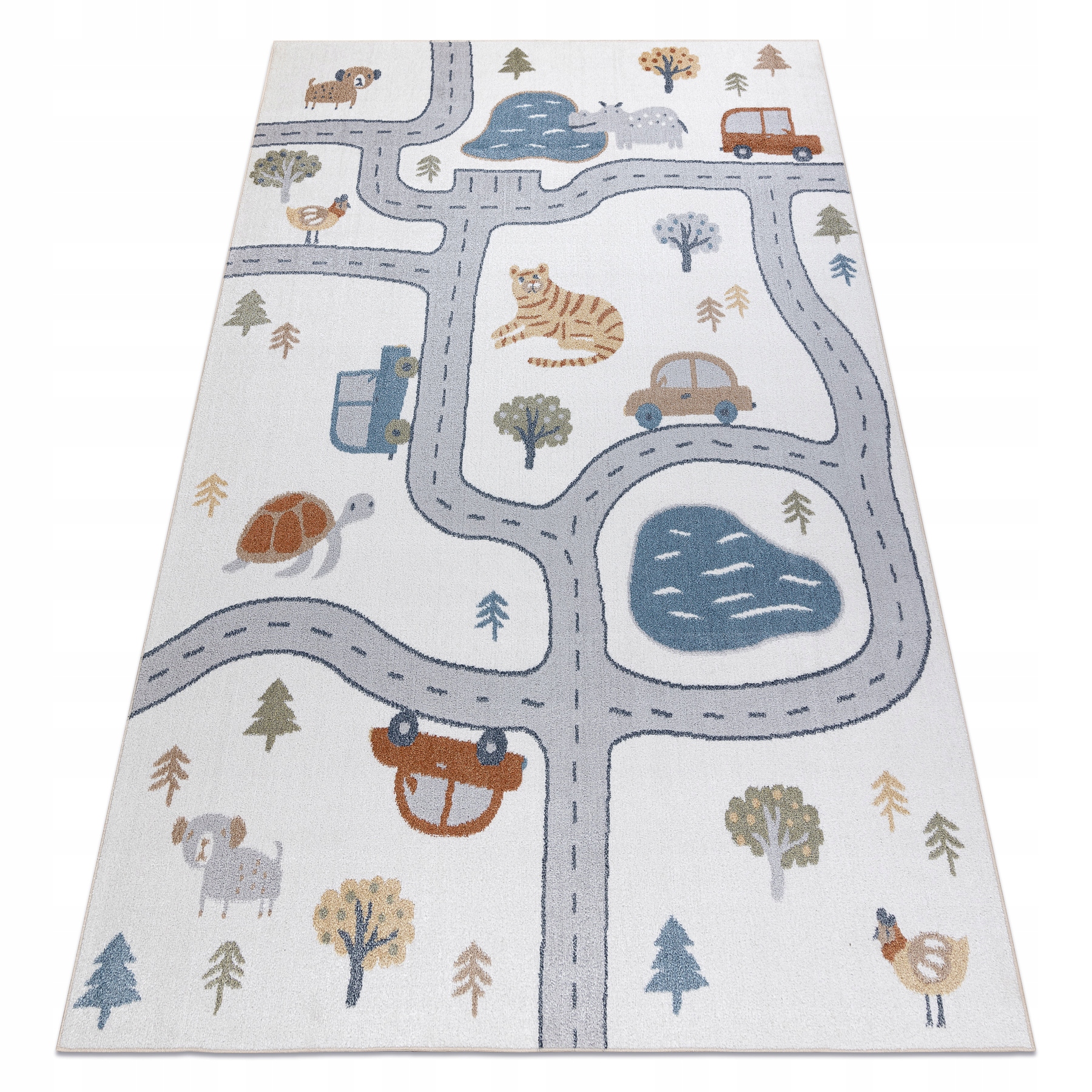 Dywan DZIECIĘCY DO PRANIA MIĘKKI Ulica AUTA zwierzęta kremowy 140x190 cm