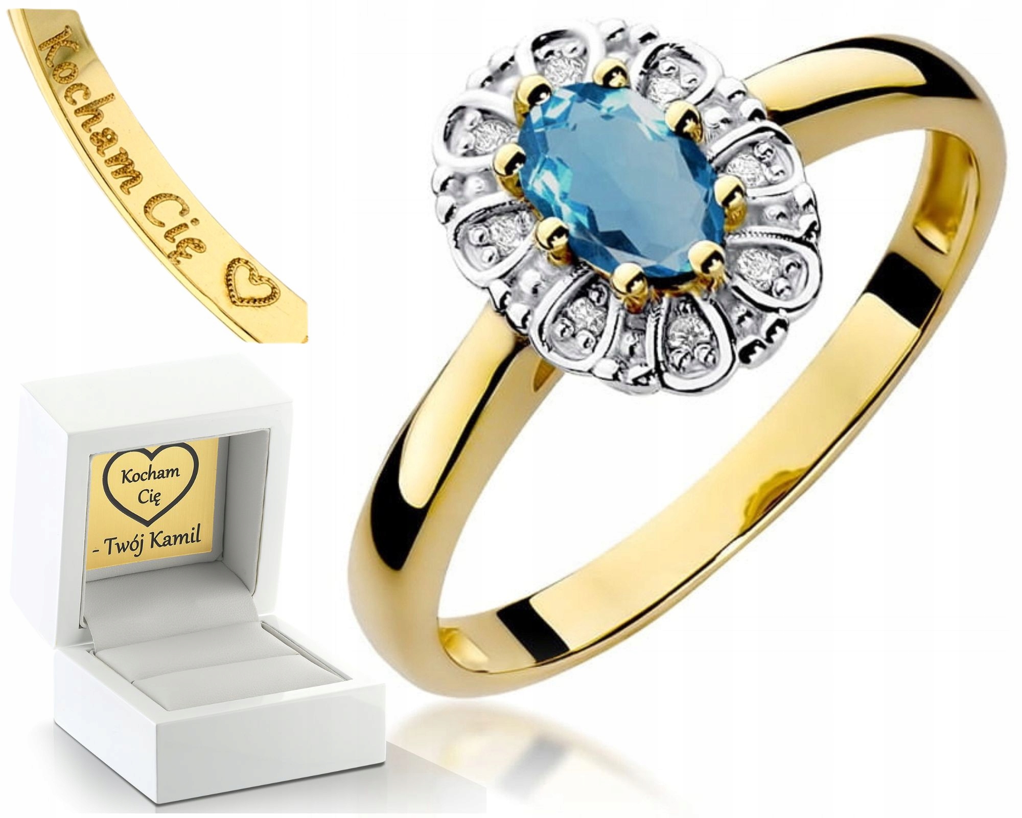 Zlatý Prstýnek S Topazem London Blue Gravírování 585 Dárek