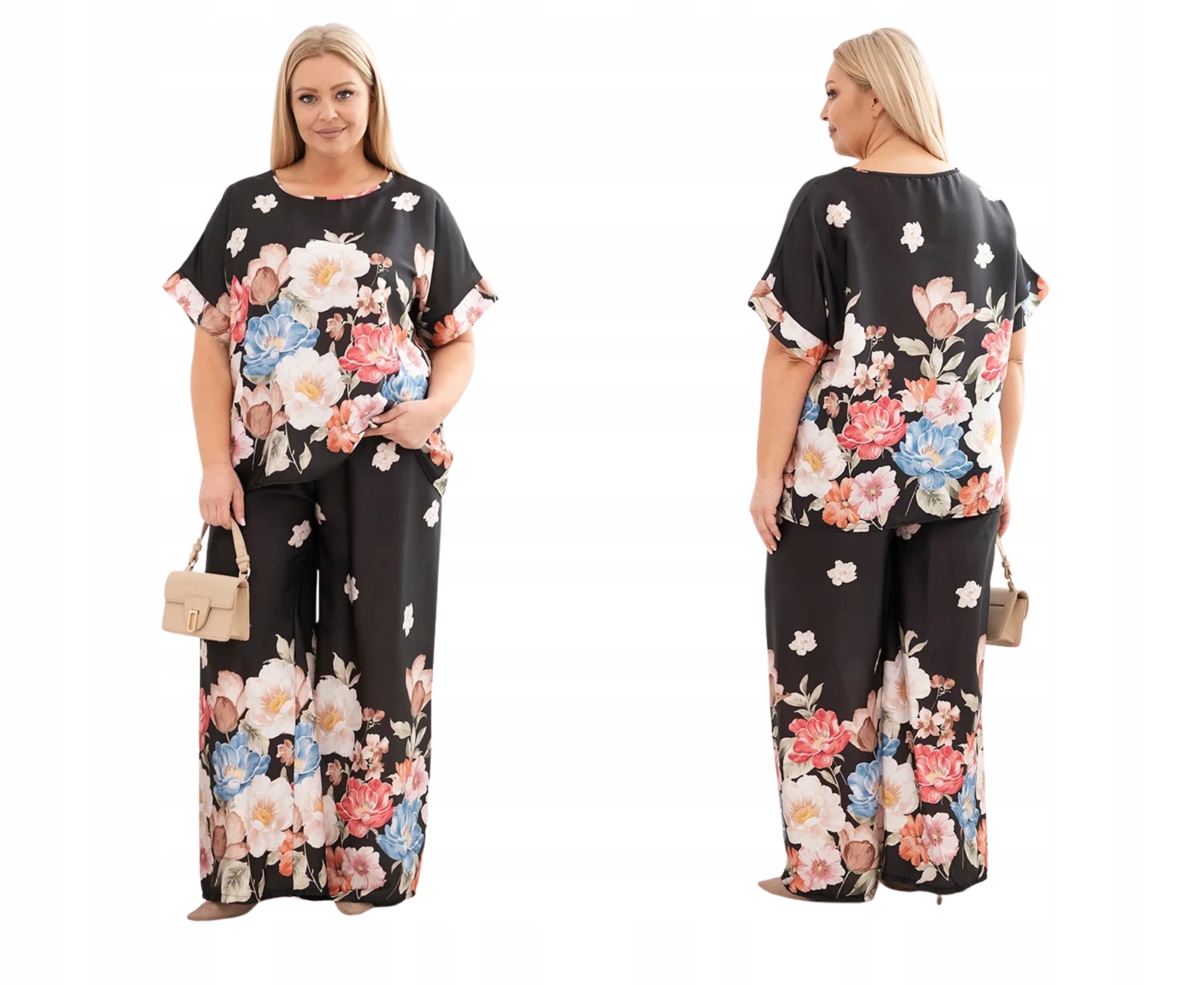 Černý dámský komplet plus size s krátkým rukávem a kalhotami