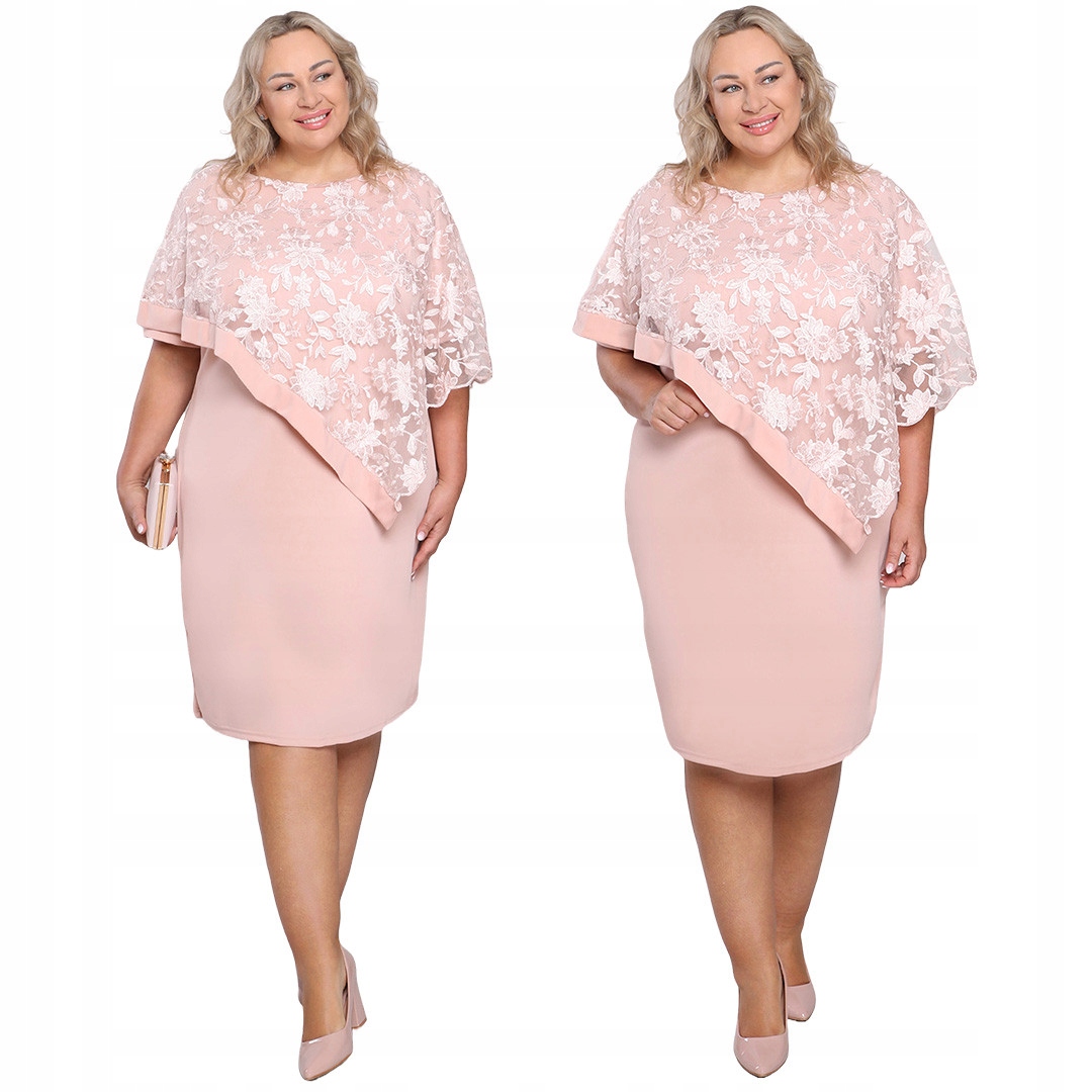 Jasnoróżowa sukienka z asymetrycznym ponczo 54