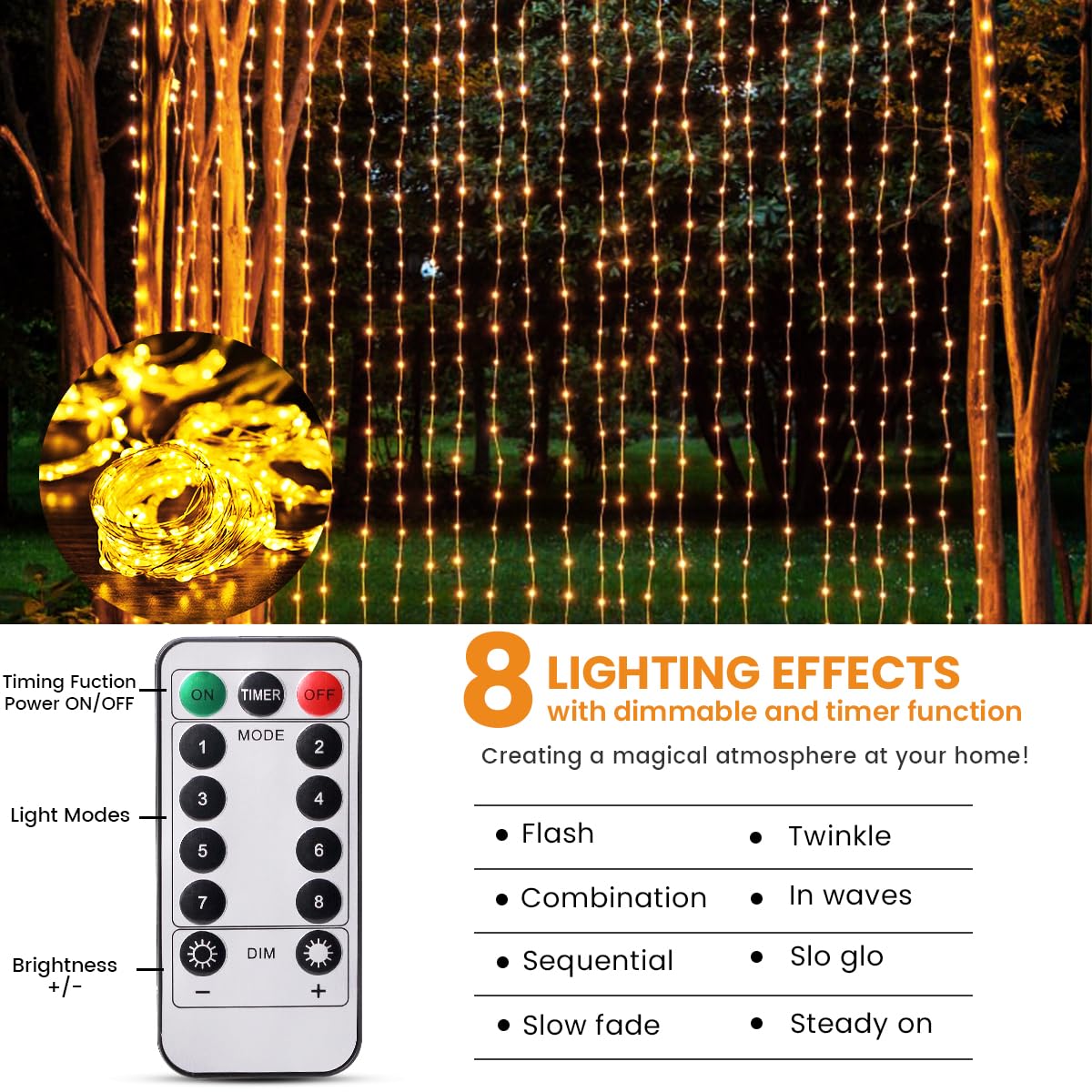ZYRIVON Kurtyna LED 3x3m 200 LED USB Ciepły Biały Dekoracja Wnętrz — miniatura 3