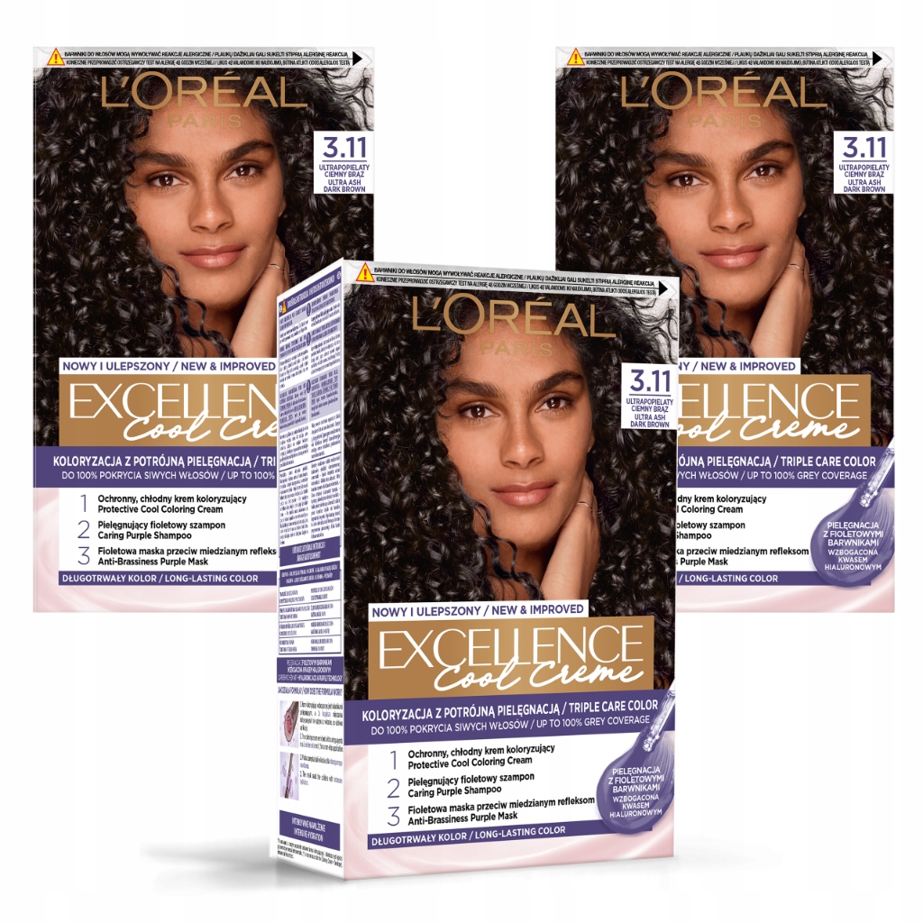 Zestaw 3x L'Oreal Excellence Farba Do Włosów 3.11 Ultrapopiel Ciemny Brąz