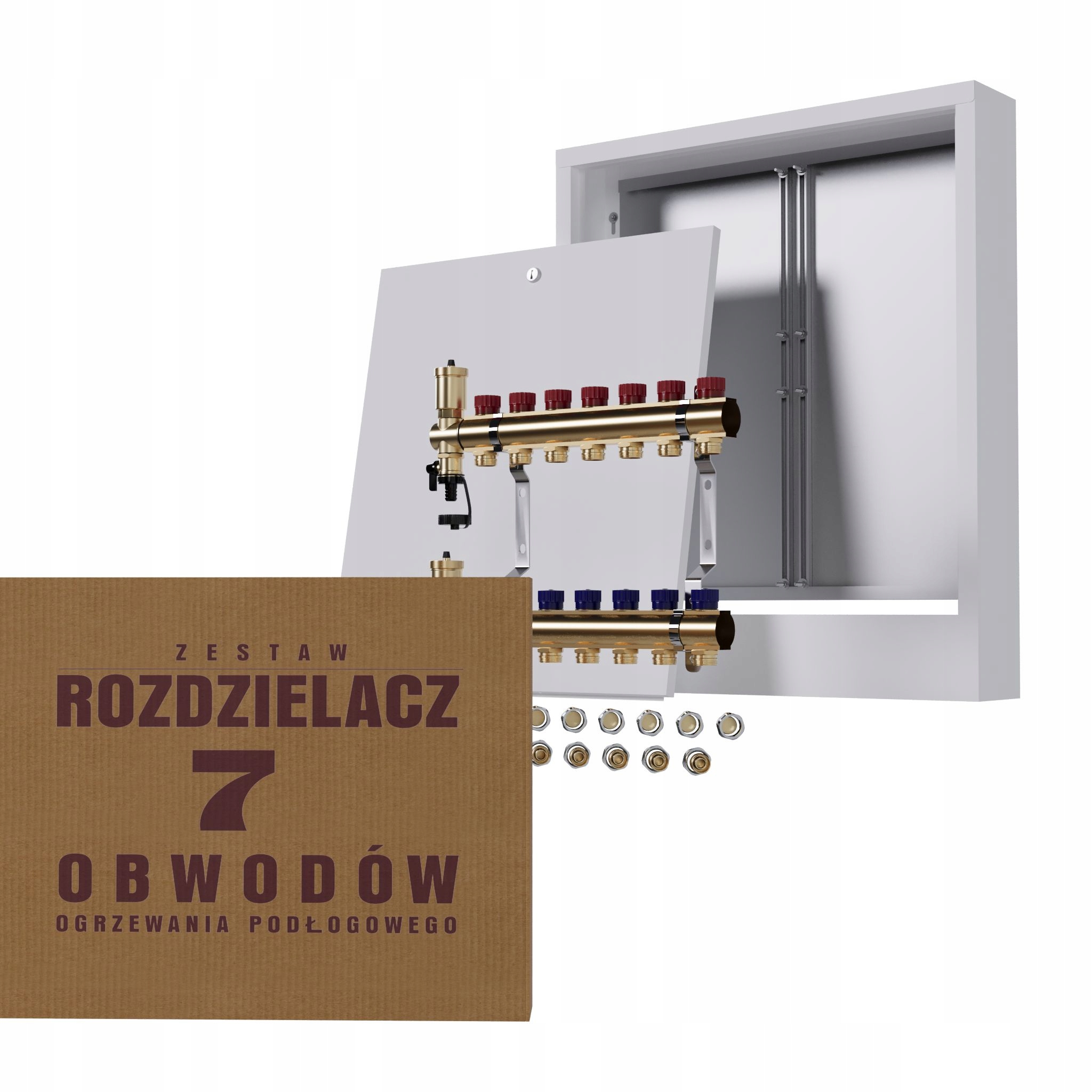 Manuální rozdělovač 7 okruhů pro radiátory nástěnná skříňka Pex