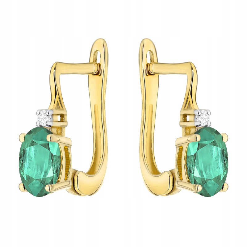 Złote Kolczyki Angielskie pr. 585 Owalny Szmaragd 0,80ct i Brylanty 14k