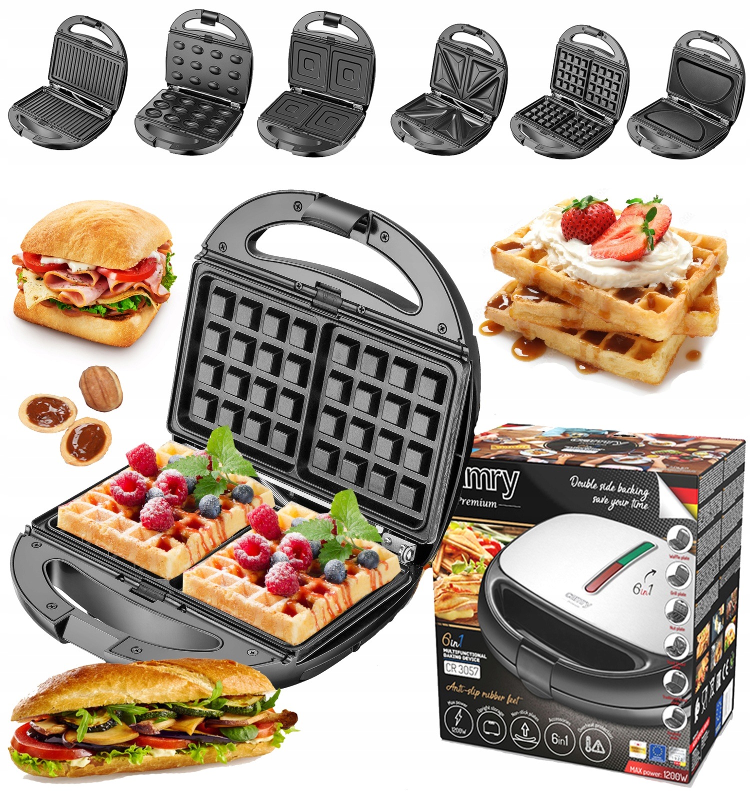 Opékač Sendvičů Vaflovač Gril Oříšky Toustovač Silný Panini 6v1 1200W