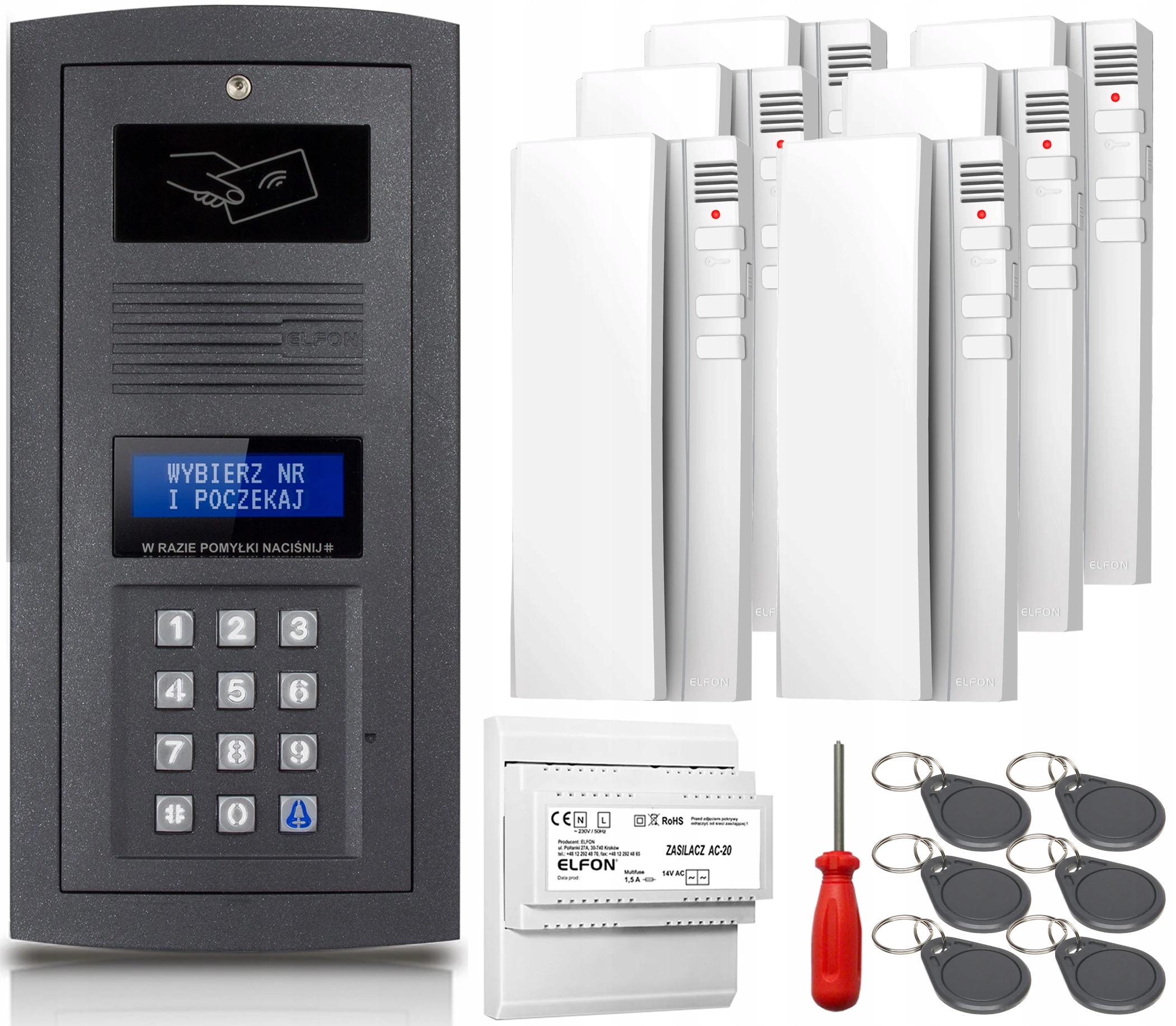 Sada domofonov 6x Unifon Elfon OP-255R-G Digitálny nástenný biely prívesok na kľúče