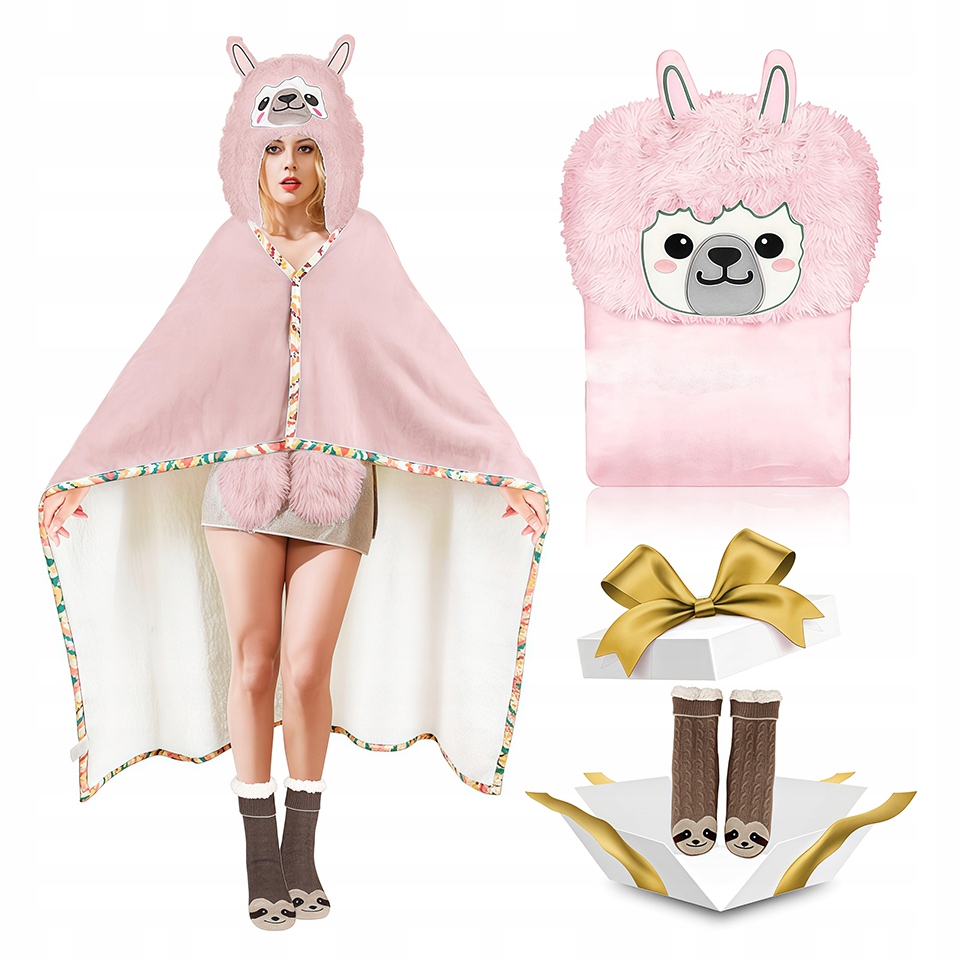 Deka S Kapucí A Rukávy Teplá Na Zimu Dárek Lama Růžová PŘEHOZ+Ostatní