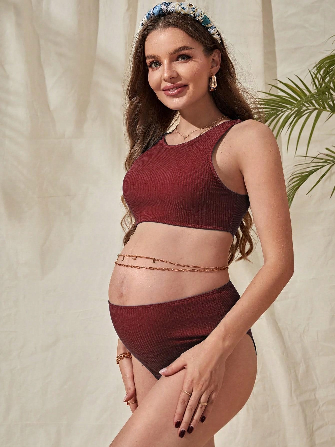 SHEIN TRZYCZĘŚCIOWY CIĄŻOWY KOSTIUM KĄPIELOWY PRĄŻKI 5CE NF9__M Odcień miedziany