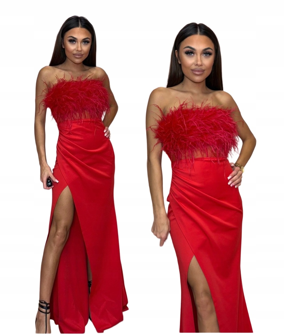 Immer červená dlouhá šaty s rozparkem a peřím na plesovou oslavu L