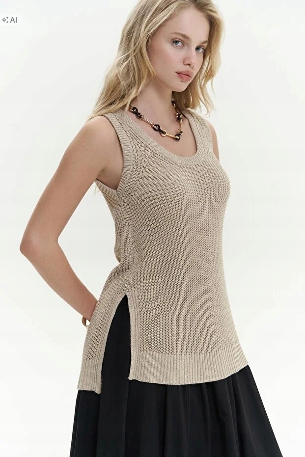 Pletený Béžový Dámský Svetr Bez Rukávů Oversize Xs 5IA