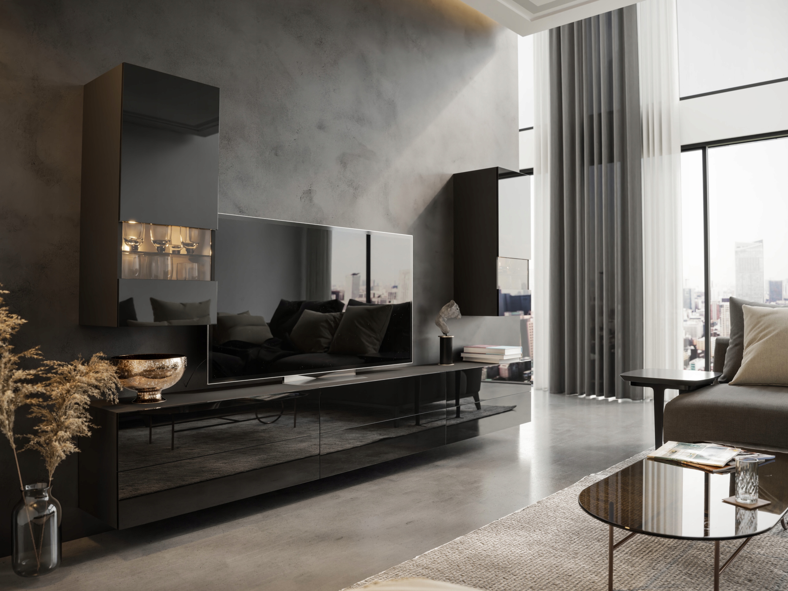 Sada Rtv nábytku Černý Lesk 258 FMB46 O-sofa