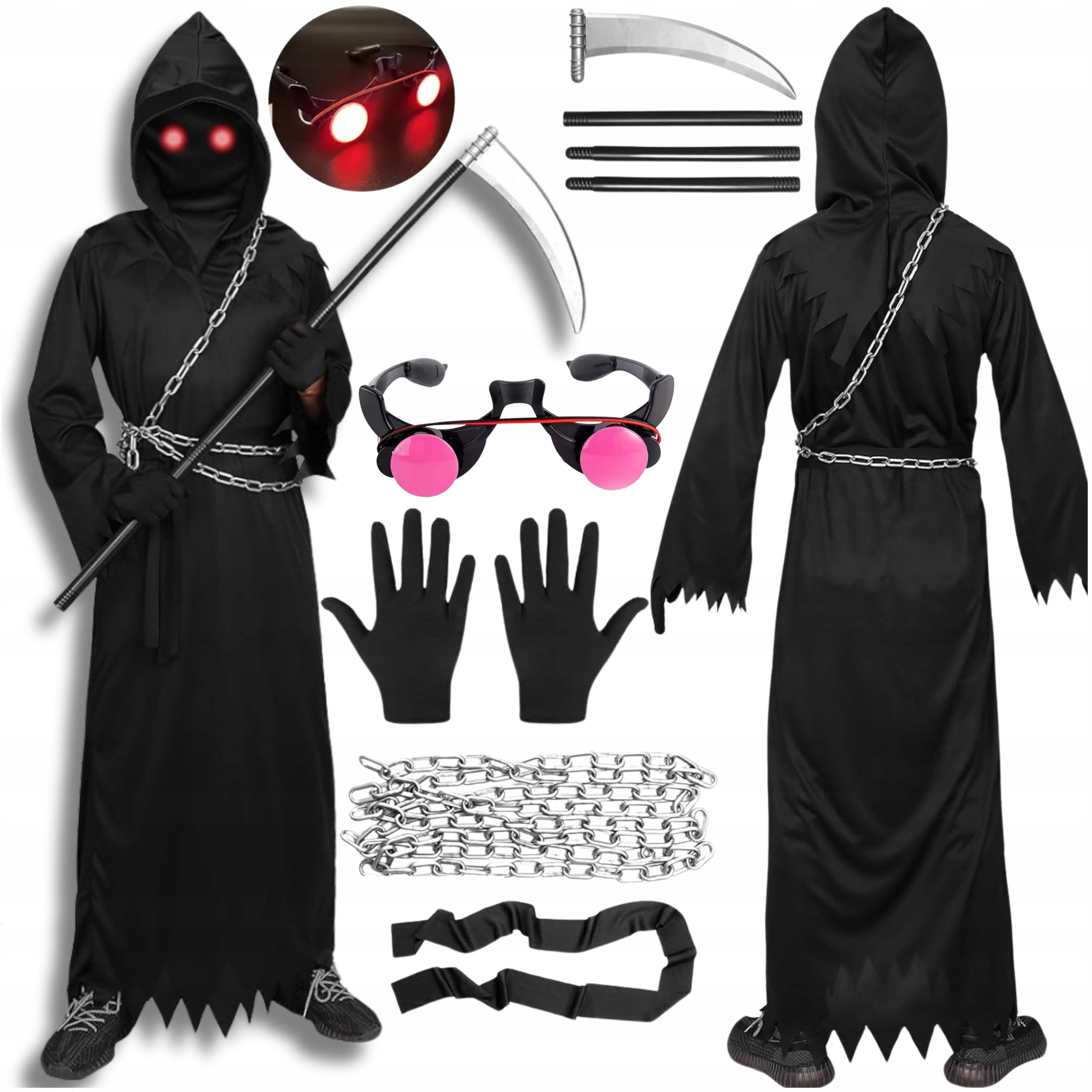 Kostium Halloween Dla Dzieci Smierc Z Kosa Zniwiarz Szata Kaptur 7W1 140 CM