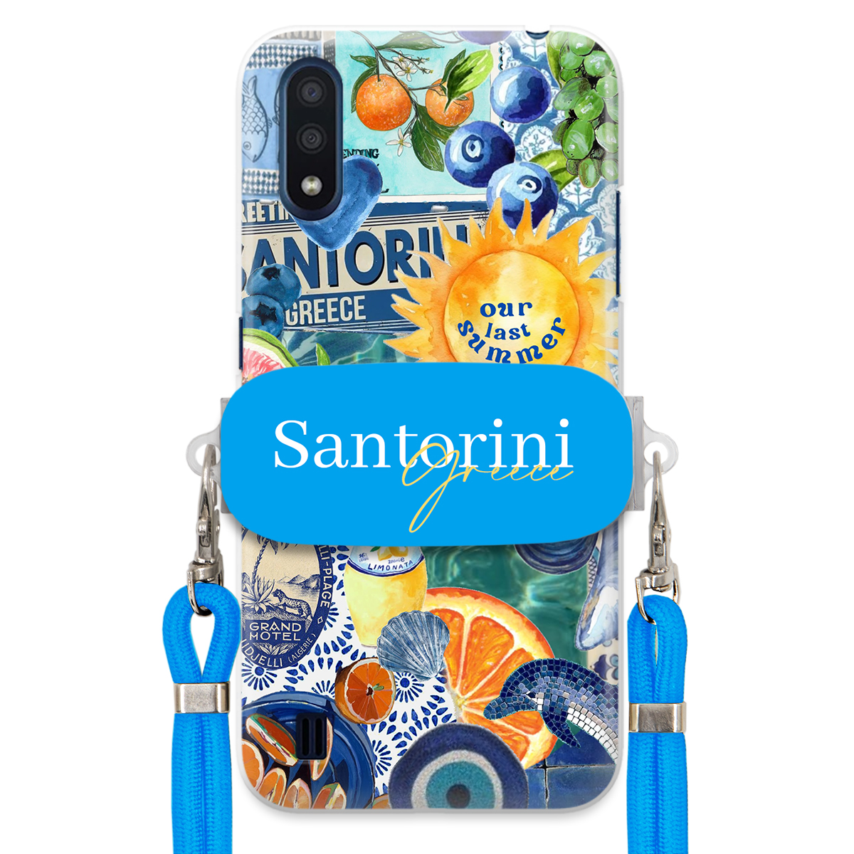 Puzdro pre Samsung M01 Modré Crossbody vodítko držiak Santorini Sea Vibes