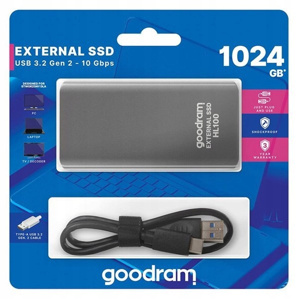 SSD Goodram 2.5", zewnętrzny USB 3.2 typ C, 1000GB, 1TB, HL100, SSDPR-HL100 Model HL100