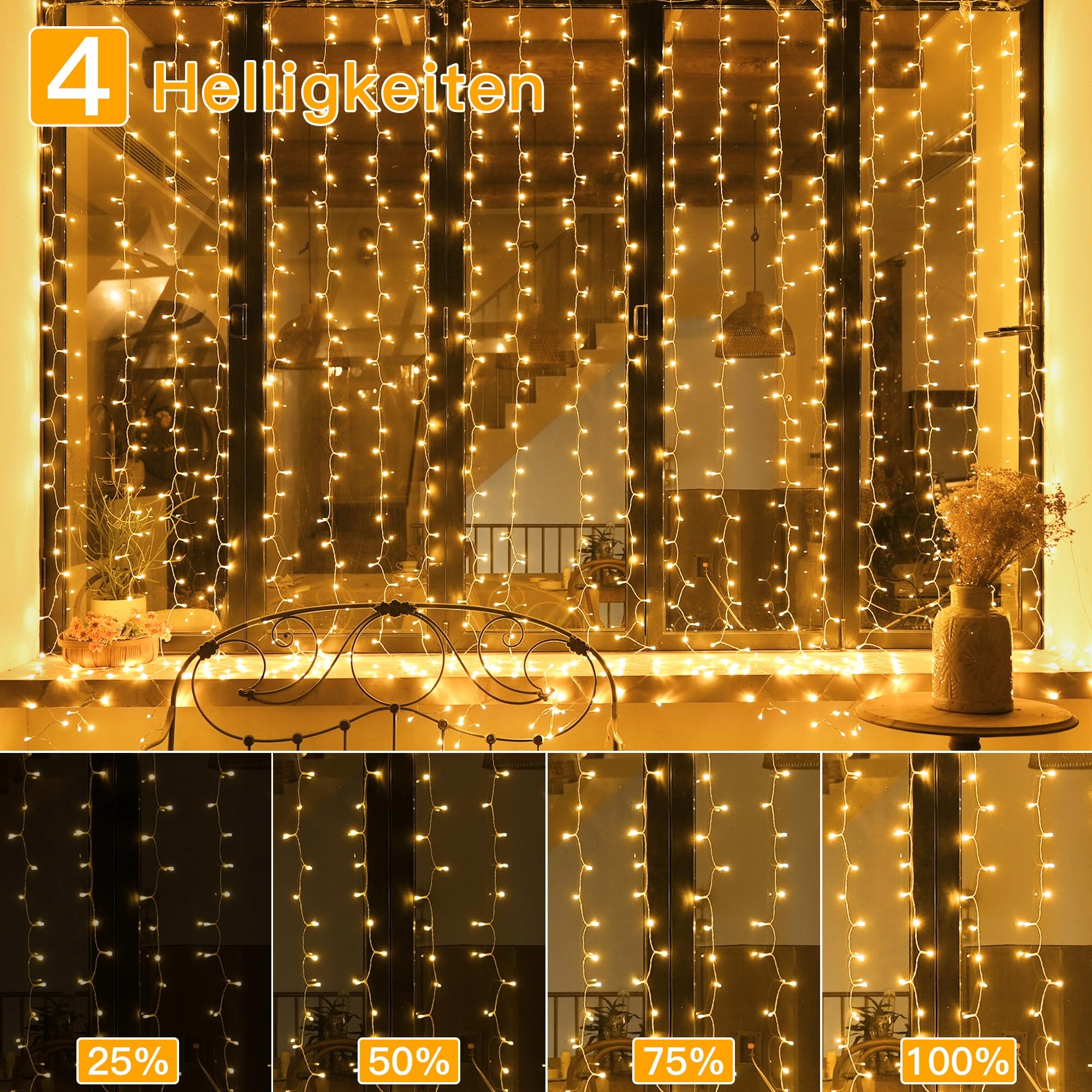OLLNY Kurtyna LED 2x2m 200 LED Ciepłe Światło 8 Trybów Timer Dimmable — miniatura 8