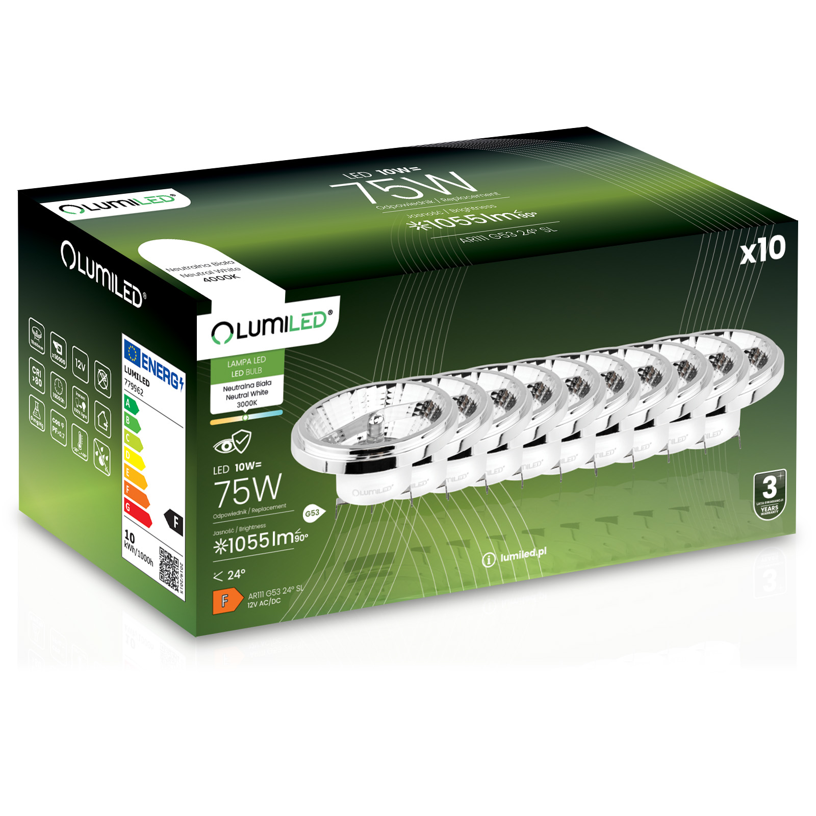 10x Led žiarovka G53 AR111 10W 75W 1055lm 4000K 24° 12V strieborná Lumiled