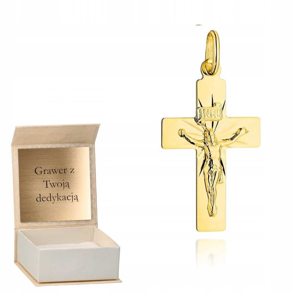 Zlatý přívěsek Křížek s Ježíškem a paprsky pr.585 Gravírování