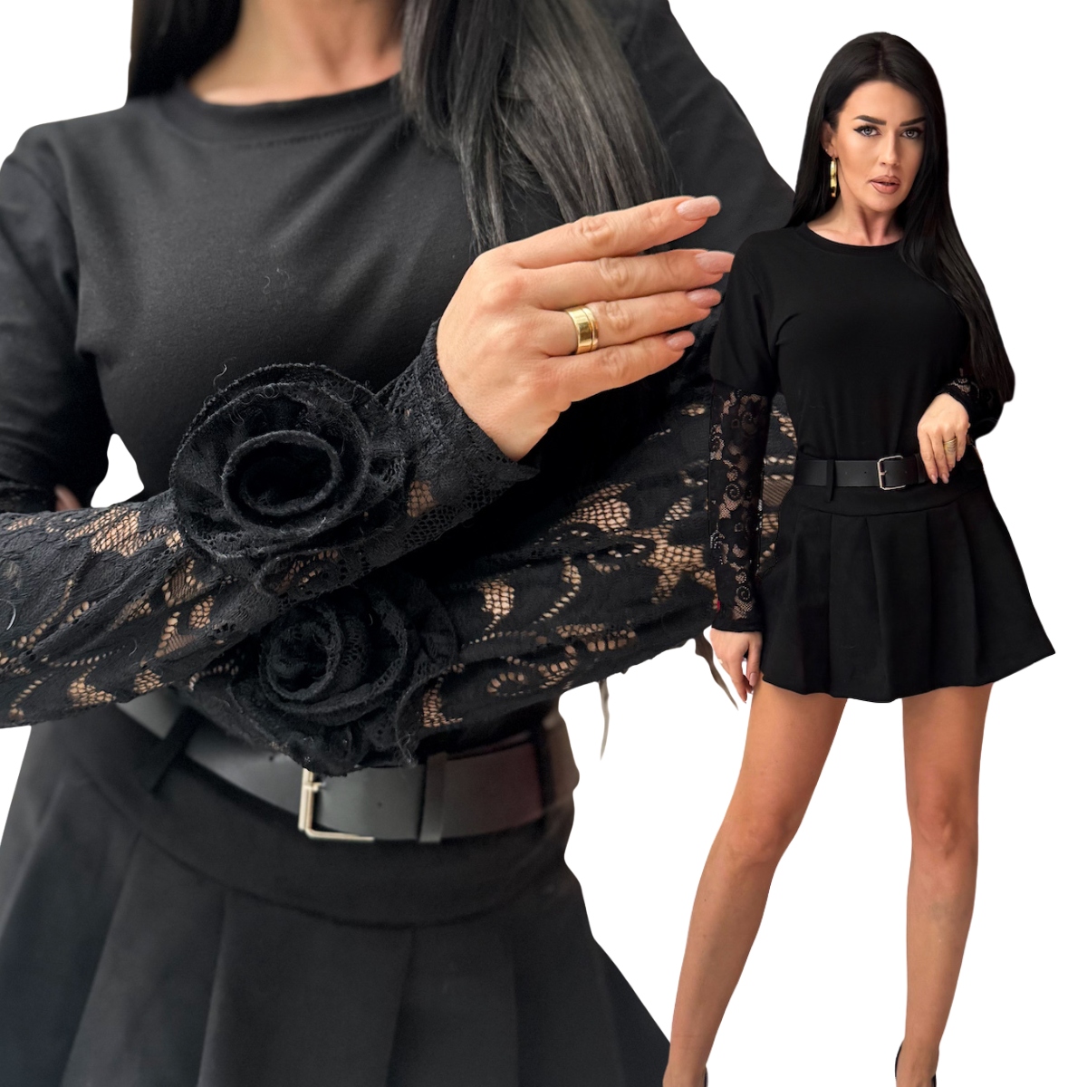 Tričko s krajkovým rukávem a růží, černé, Jacob, elastické, velikost One size